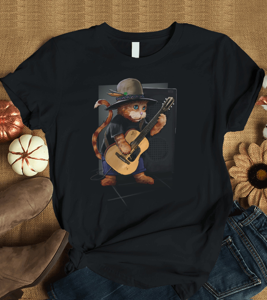 Cool Cat Playing Guitar With Hat in Front of Amplifier T-Shirt