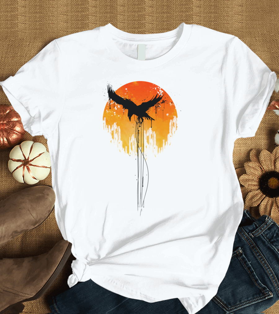 Raven Rises in Orange Sunset Skyline T-Shirt