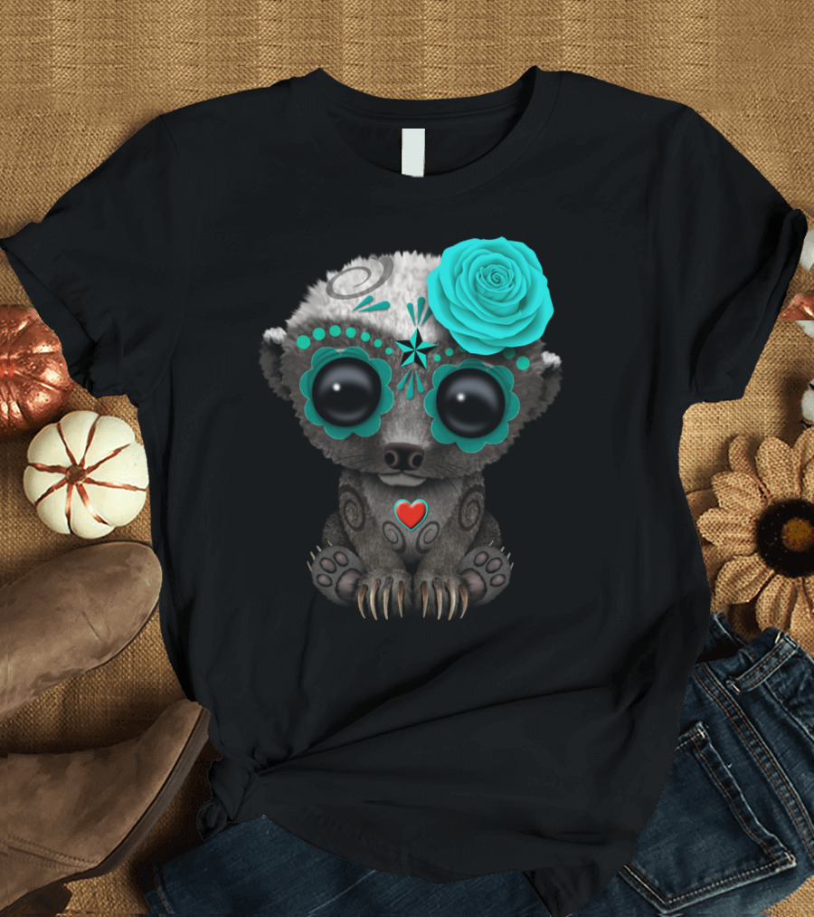 Blue Day Of The Dead Sugar Skull Honey Badger With Rose Flower T-Shirt