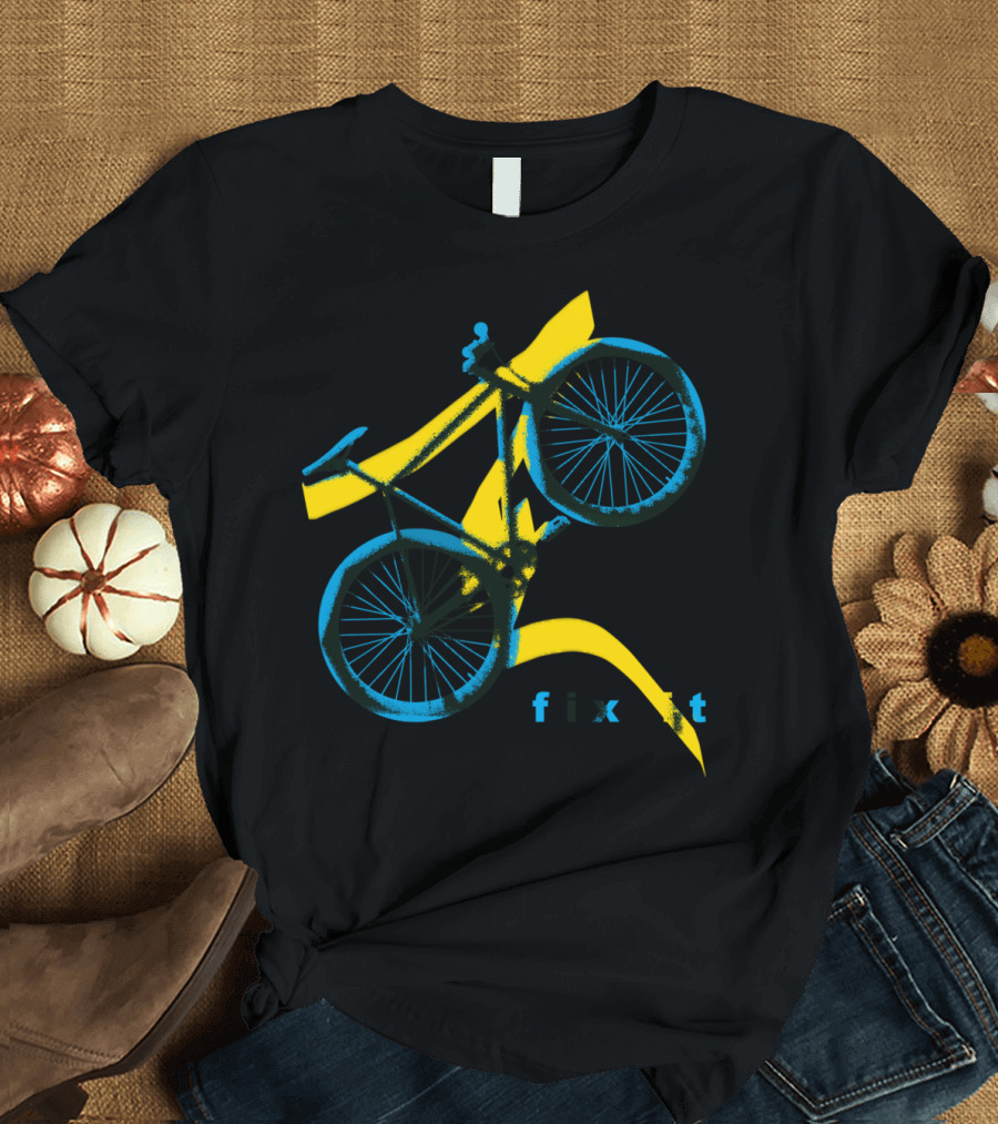 Blue Fixie Bike Fix It Yellow Lightning T-Shirt
