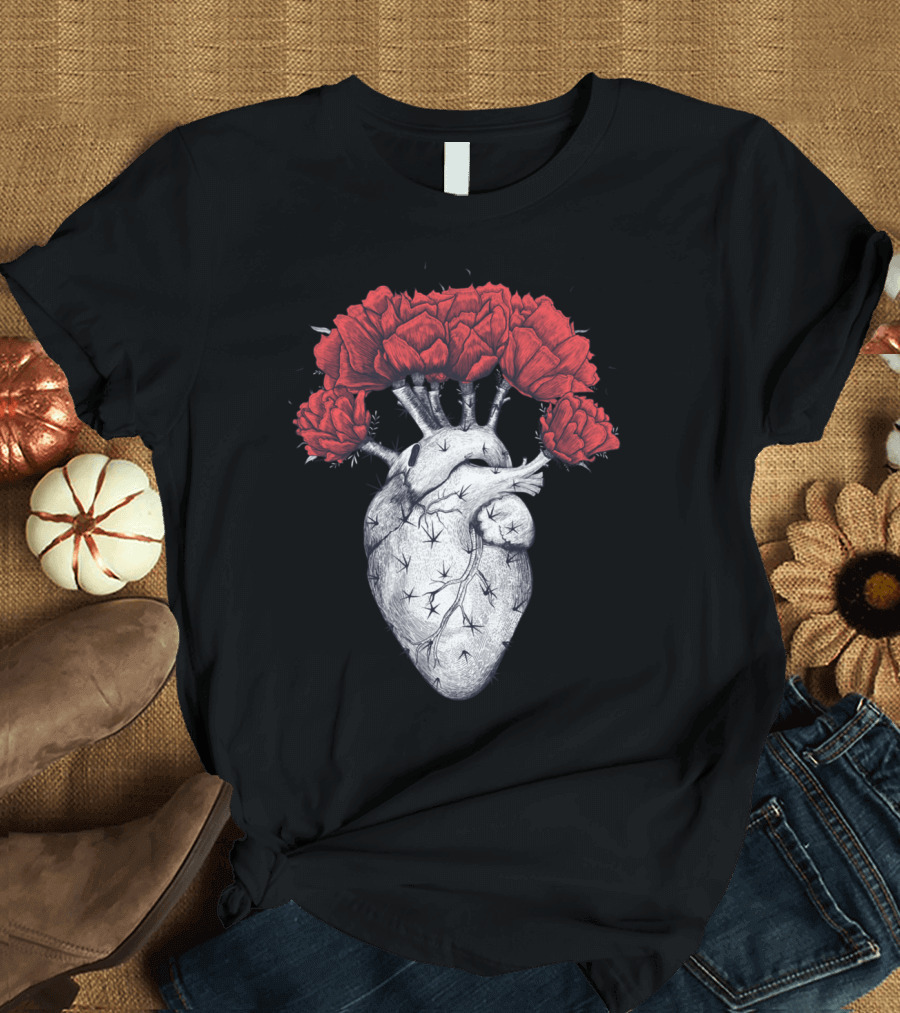Cactus Heart with Red Flowering Blooms T-Shirt