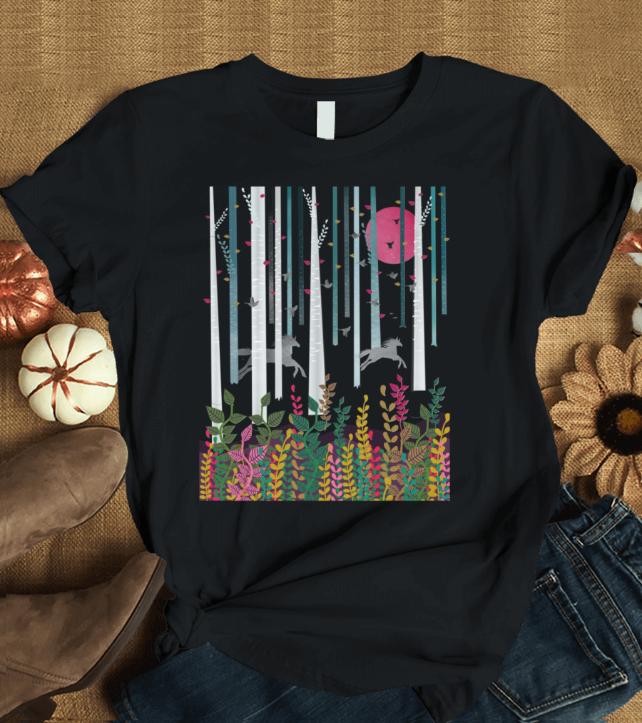 Flying Horses Forest Scene with Colorful Foliage and Pink Moon T-Shirt