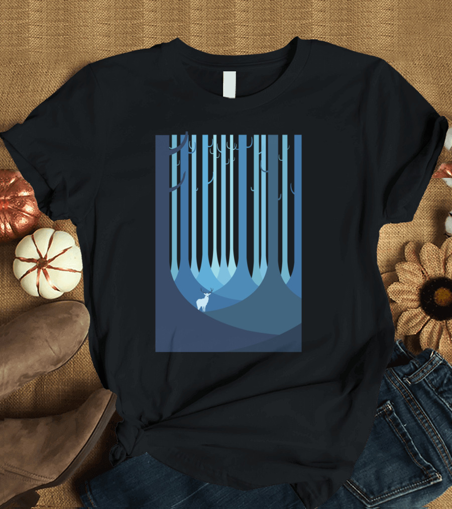 Blue Forest Deer in Stylized Woodland Scene T-Shirt