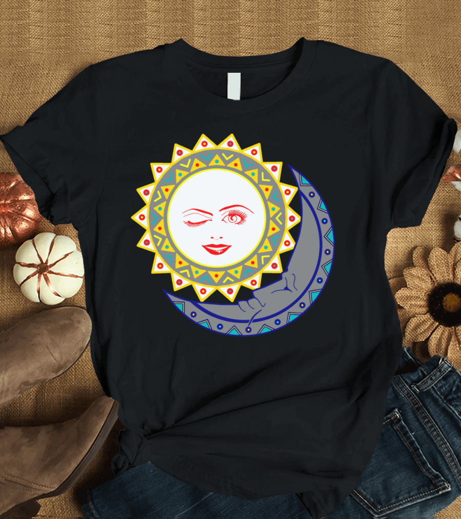 Dia Y Luna Sun Winking Face and Crescent Moon T-Shirt