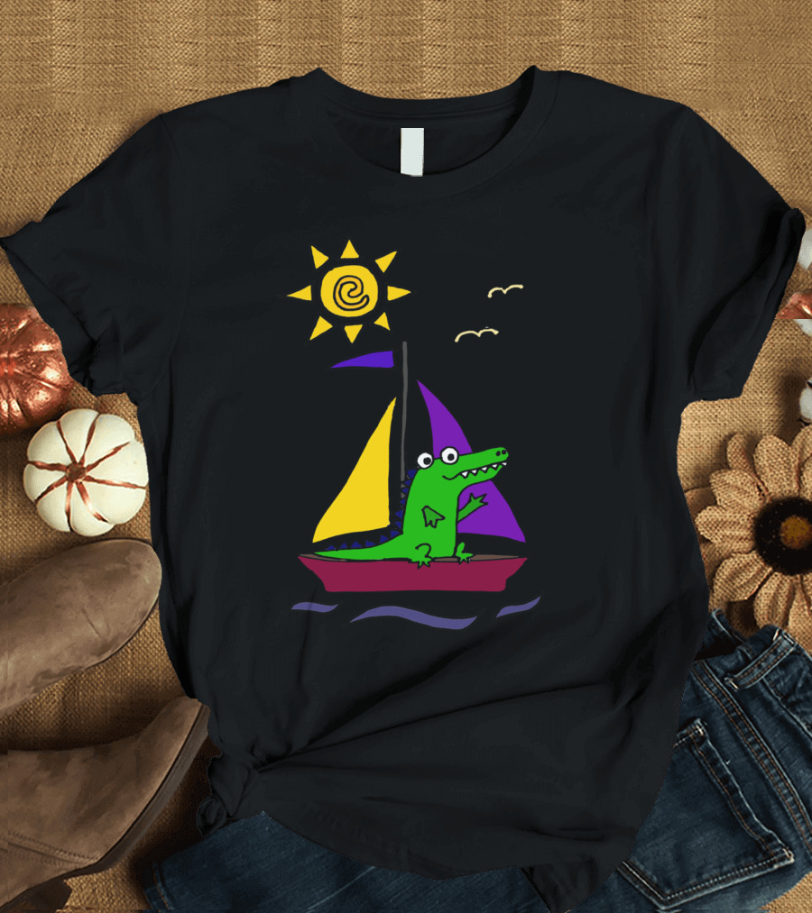 Cool Funny Alligator on Colorful Sailboat Under Shining Sun T-Shirt