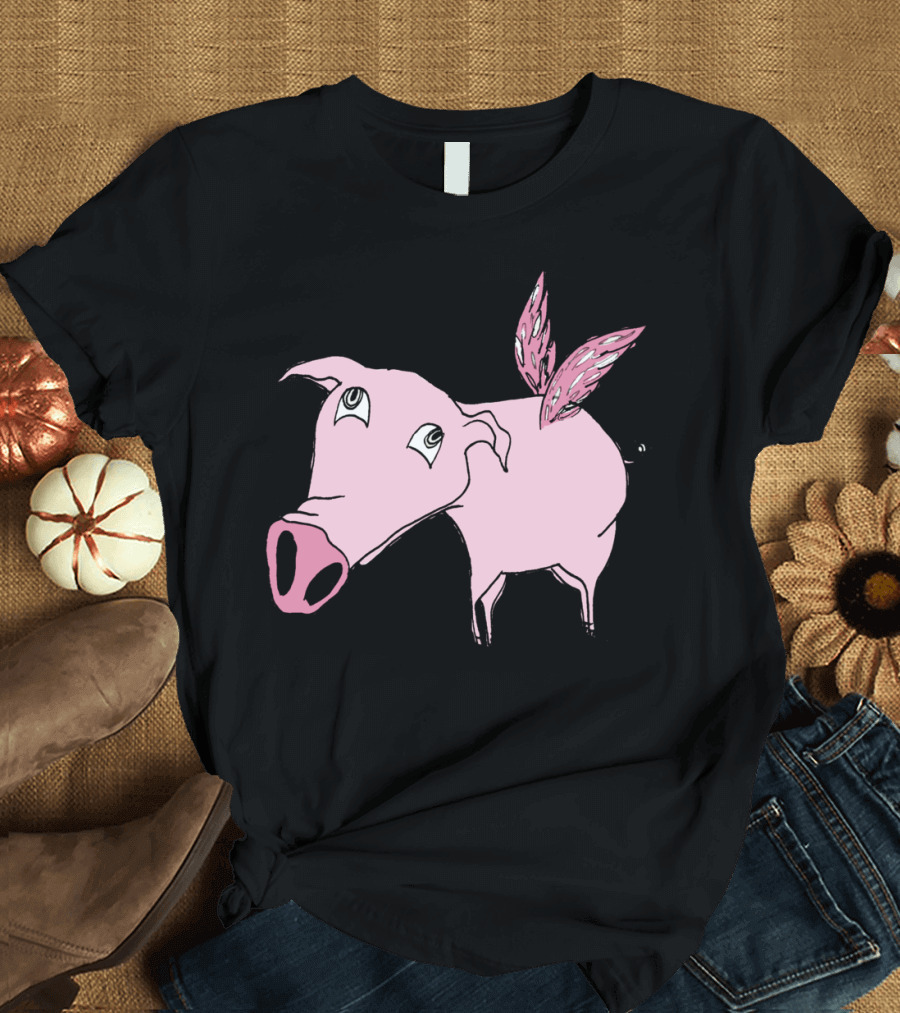 Flying Pig Surreal Illustration with Wings on Pink Animal T-Shirt