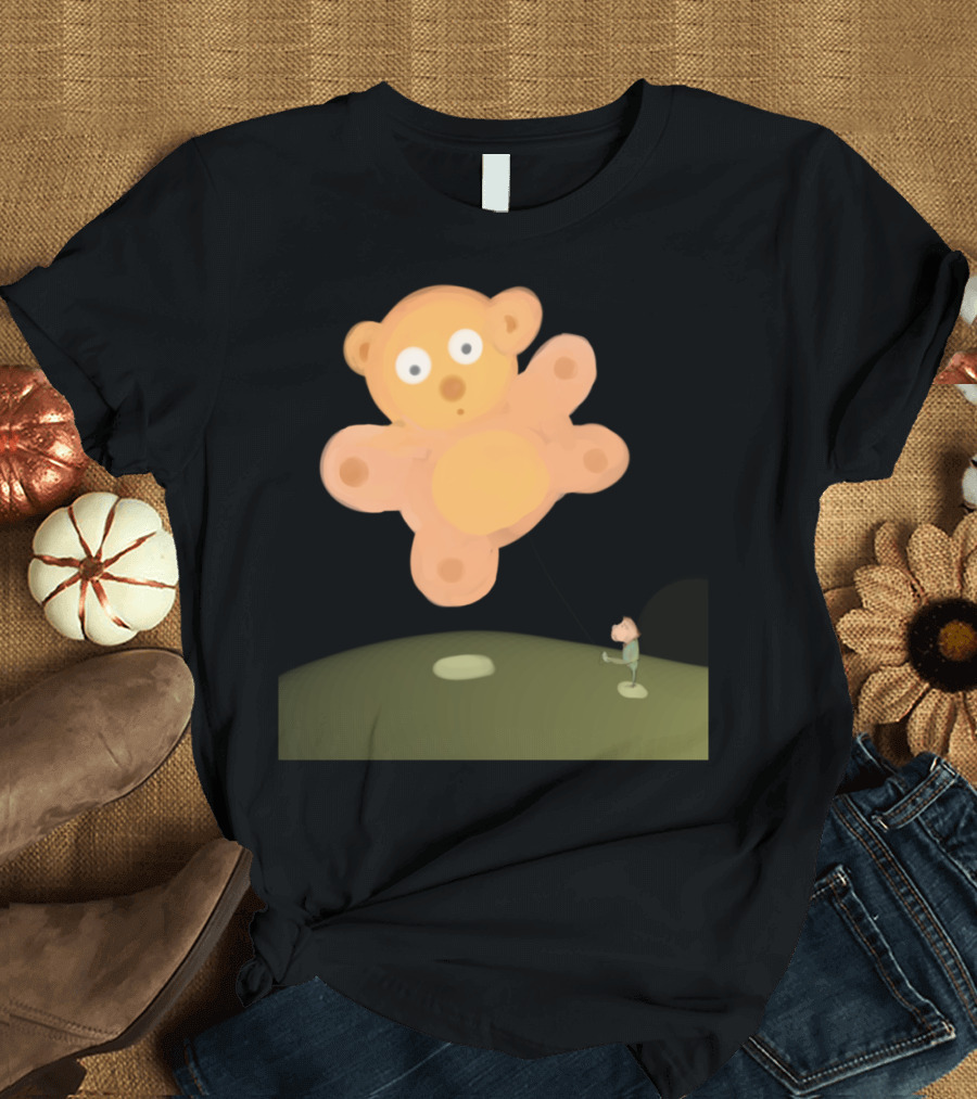 Flying Teddy Floating Over Green Hill T-Shirt
