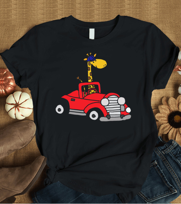 T-Shirt: Cool Funny Giraffe Driving Red Convertible with Blue Hat T-Shirt Cool Funny Giraffe Driving Red Convertible with Blue Hat T-Shirt