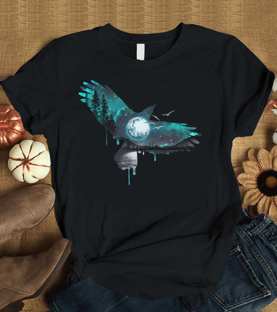 Moonlit Bird Flight Over Forest and Lake With Stars T-Shirt