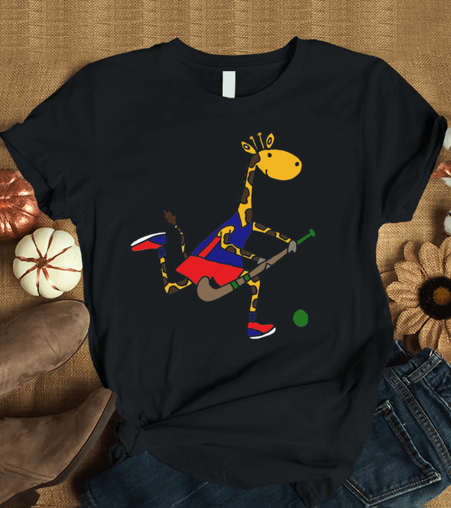 Cool Funny Giraffe Playing Field Hockey in Colorful T-Shirt