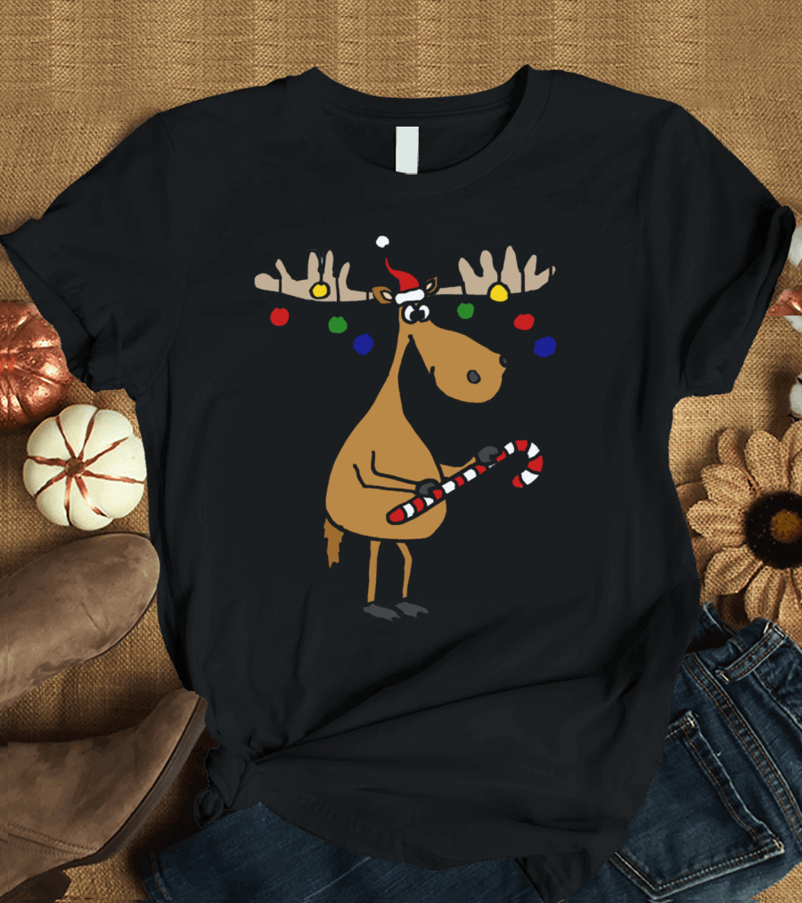 Cool Funny Moose With Christmas Ornaments Candy Cane Hat T-Shirt