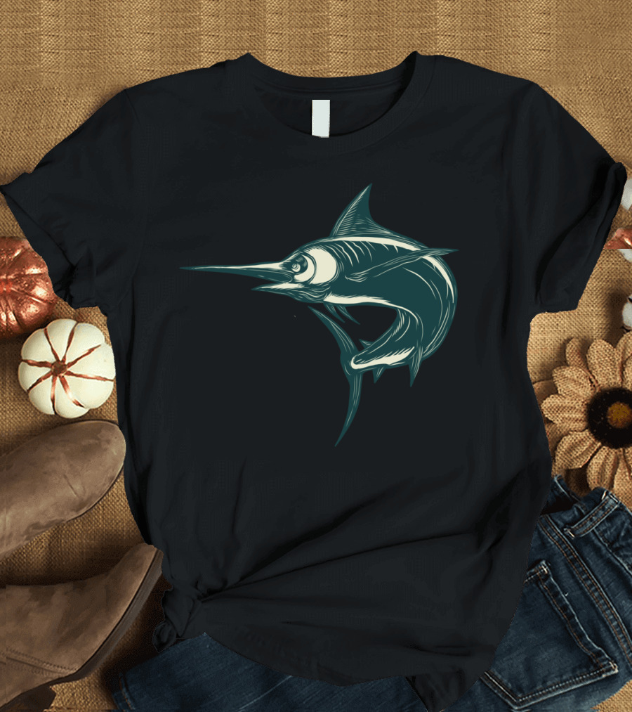 Blue Marlin Jump Scratchboard Art Ocean Wilderness Fish T-Shirt