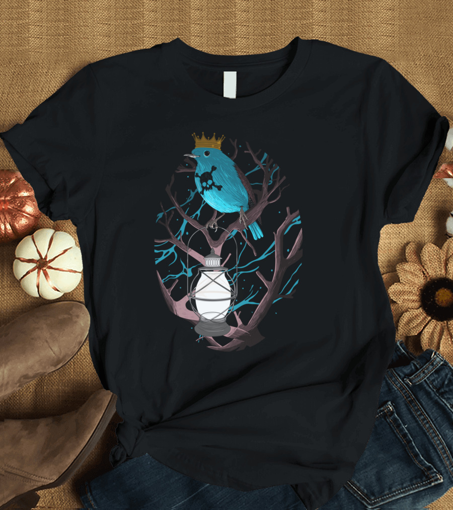 Follow Me Pe Blue Bird with Crown Lantern and Skull Mark T-Shirt