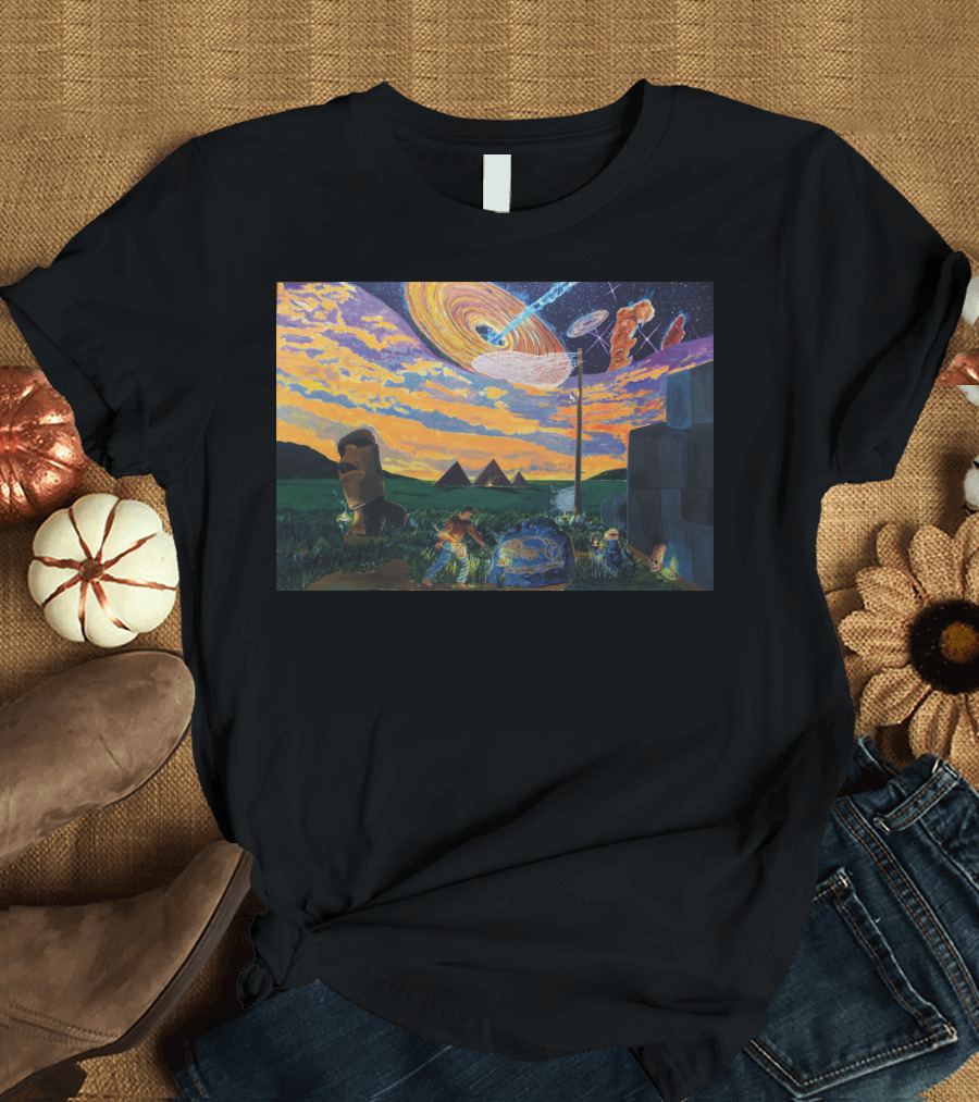 A Walk In The Night Of Times Pyramids Moai Stonehenge Cosmic Sky T-Shirt