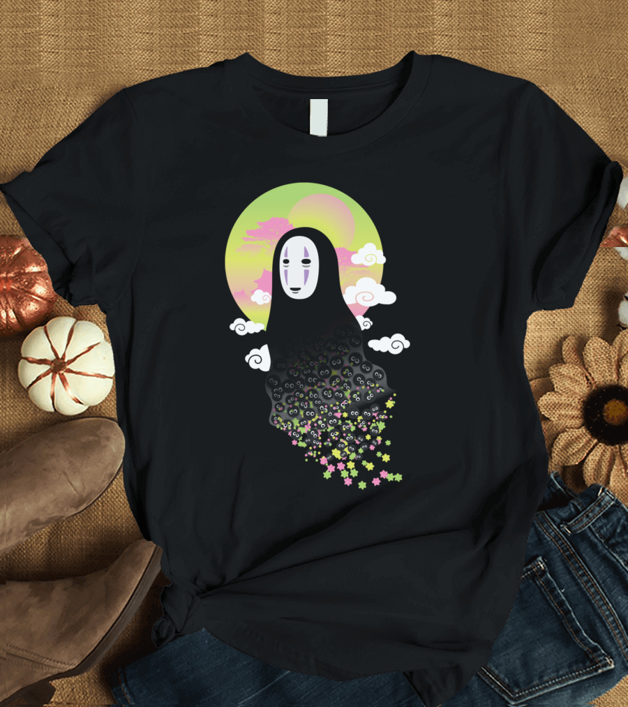 No Face Spirited Away with Soot Sprites and Pastel Sky T-Shirt