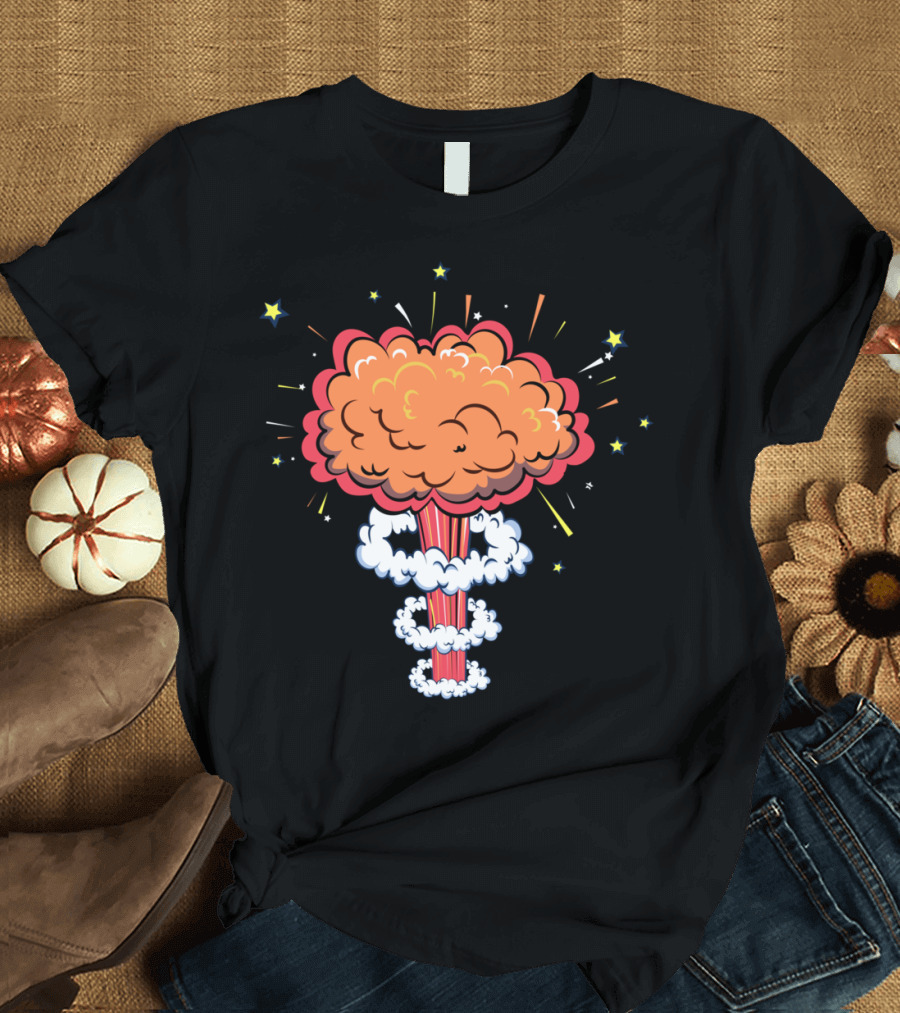 Explosion Comics Mushroom Cloud Burst with Stars and Energetic Rays T-Shirt
