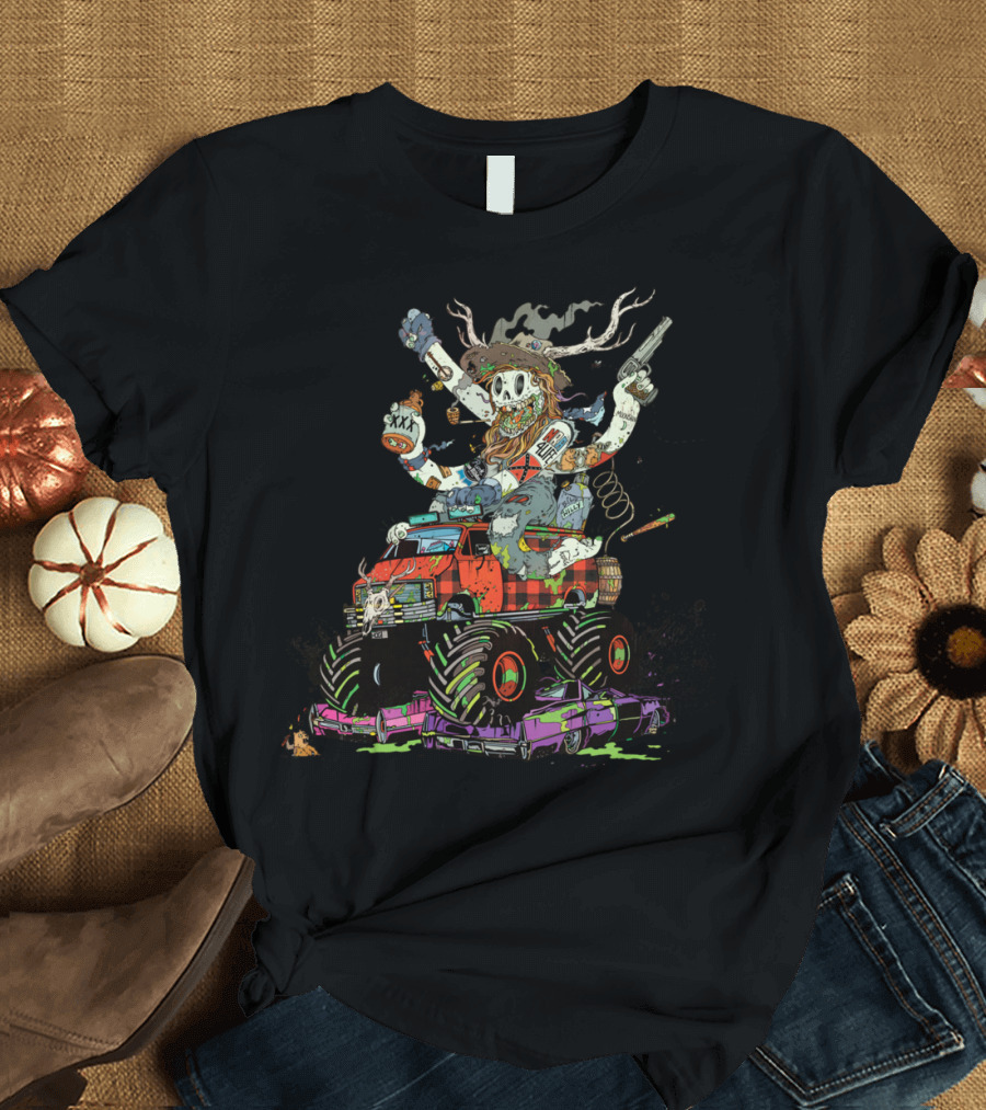 Battle Scar Biggles Skull Cowboy with Antlers on Monster Truck T-Shirt