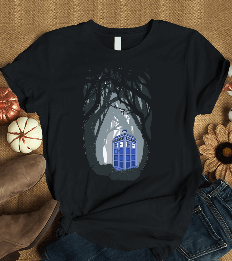 Blue Phone Booth in Enchanted Forest T-Shirt