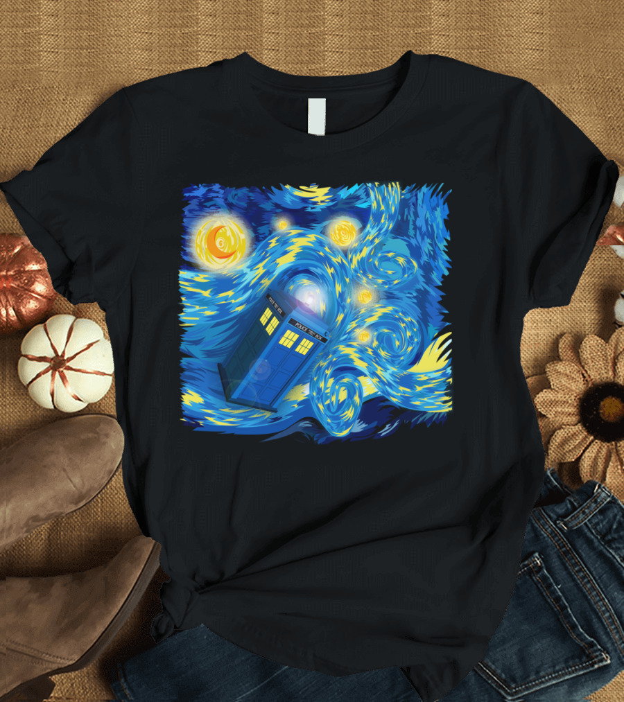 Blue Phone Box Van Gogh Starry Night Scene T-Shirt