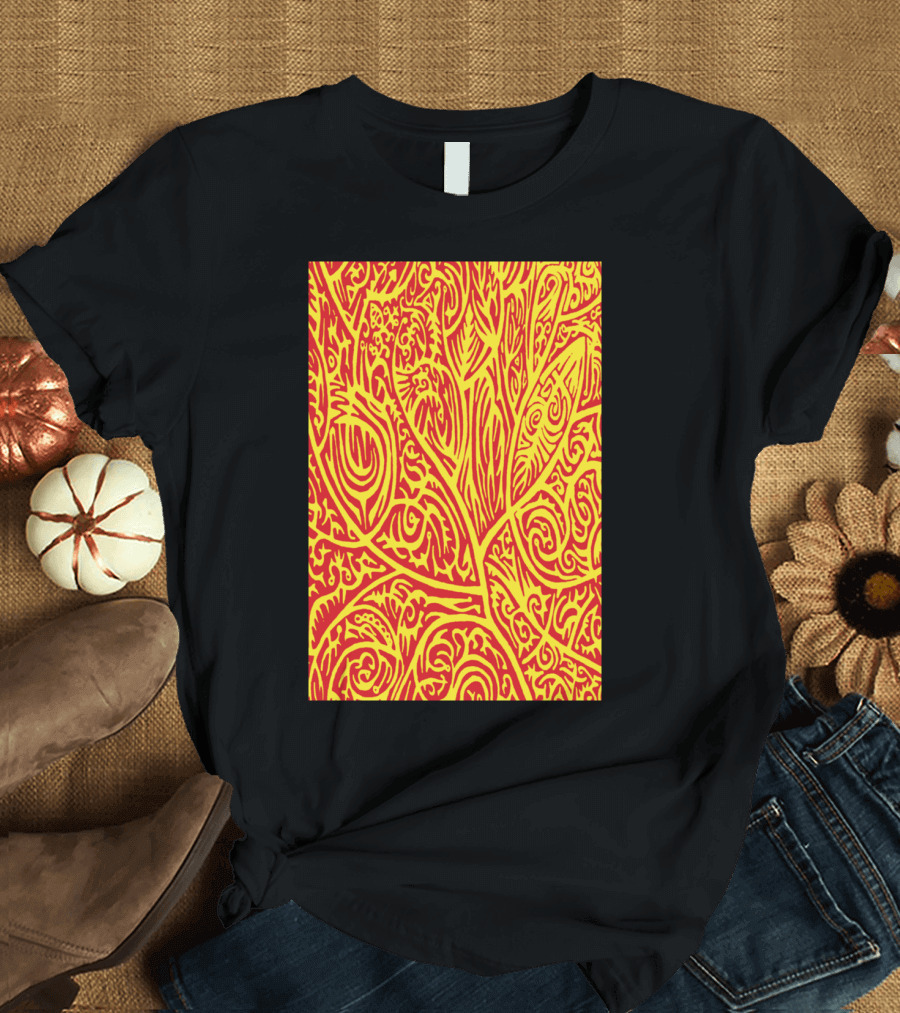 Red and Yellow Abstract Arbor Pattern Leaf Motif T-Shirt