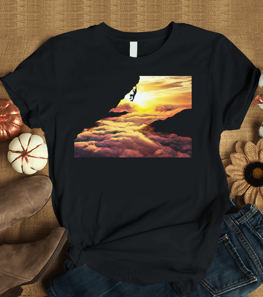 Extreme Climber Silhouette Against Vibrant Sunset and Clouds T-Shirt