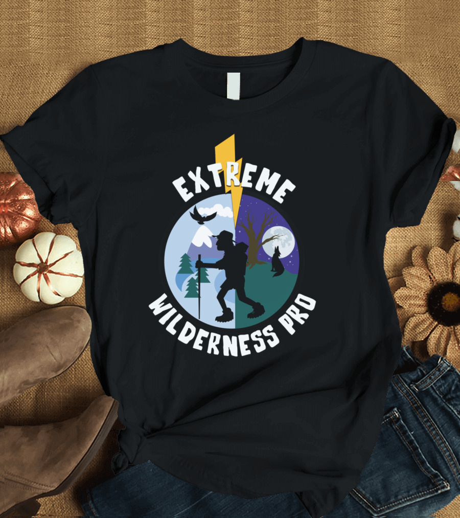 Extreme Wilderness Pro Hiking Adventure Under Moonlit Sky with Trees and Wildlife T-Shirt