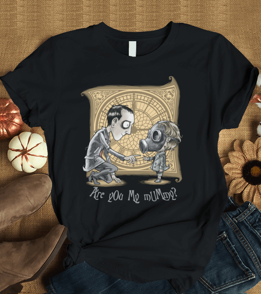 Are You My Mummy Gas Mask Child and Adult with Clock Background T-Shirt