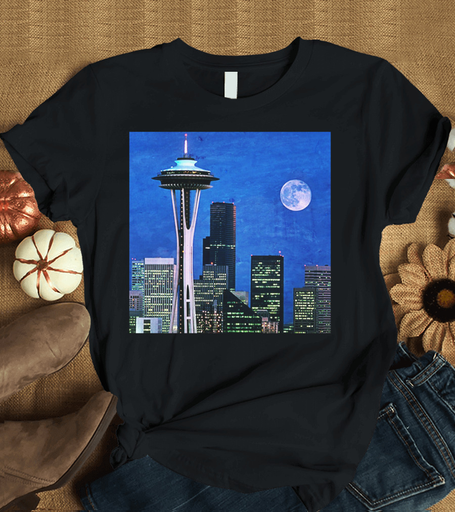 Seattle Space Needle Skyline Blue Night Moon T-Shirt