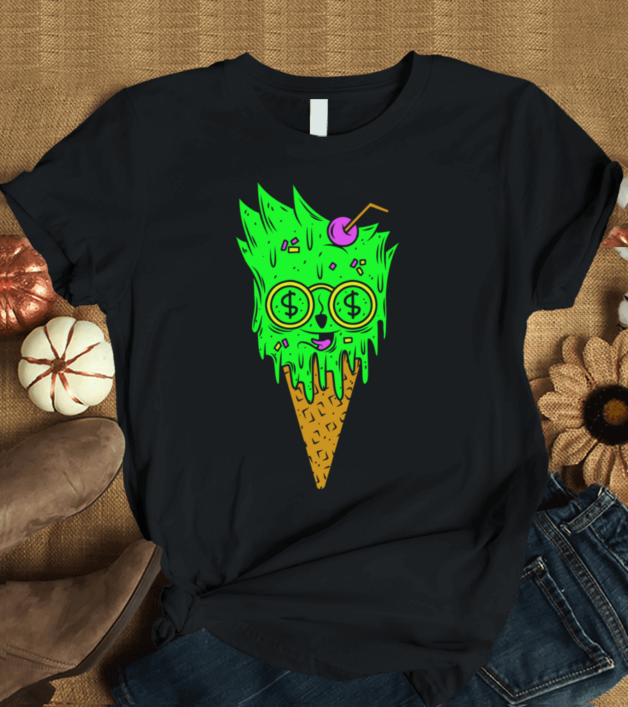 Eye Dollar Ice Cream Cone with Money Glasses and Cherry Straw T-Shirt