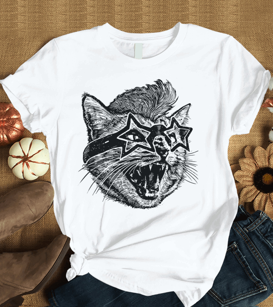 Angry Cat Star Glasses Roaring Feline T-Shirt