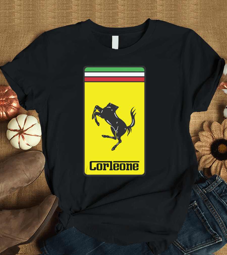 Corleone Ferrari Style Logo Black Horse on Italian Flag Background T-Shirt