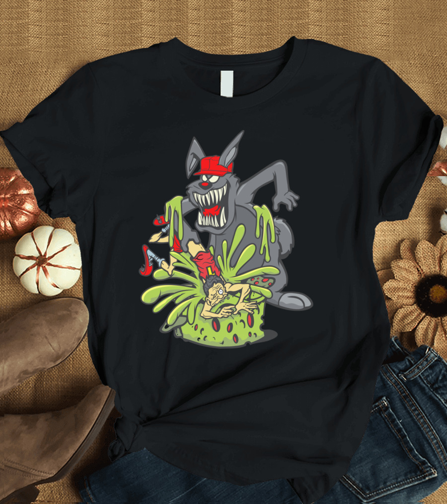 AngryBit Rabid Cartoon Wolf Monster with Baseball Cap Chasing Slime-Green Geyser Explosion T-Shirt