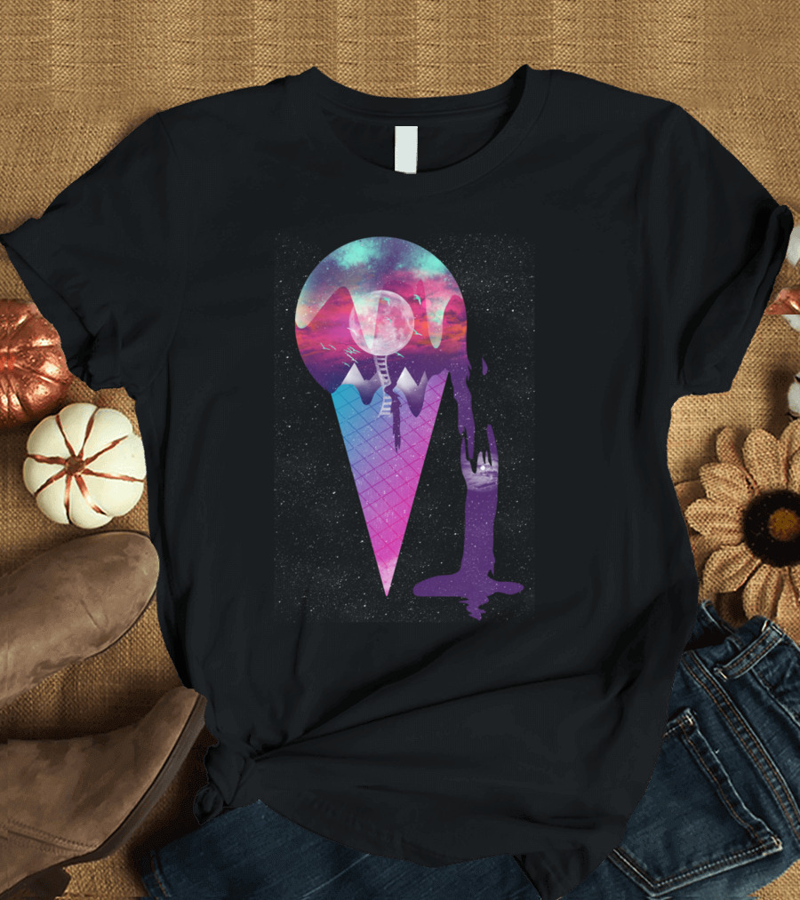 Cosmic Ice Cream Cone with Galactic Dripping Dreams and Mountains T-Shirt