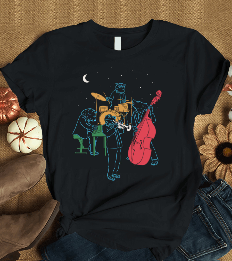 Animals Playing Jazz Under Moon and Stars T-Shirt