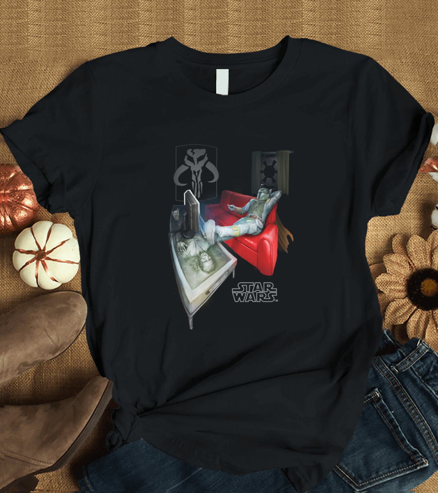 Star Wars Boba Fett Relaxing on Couch with Han Solo in Carbonite T-Shirt