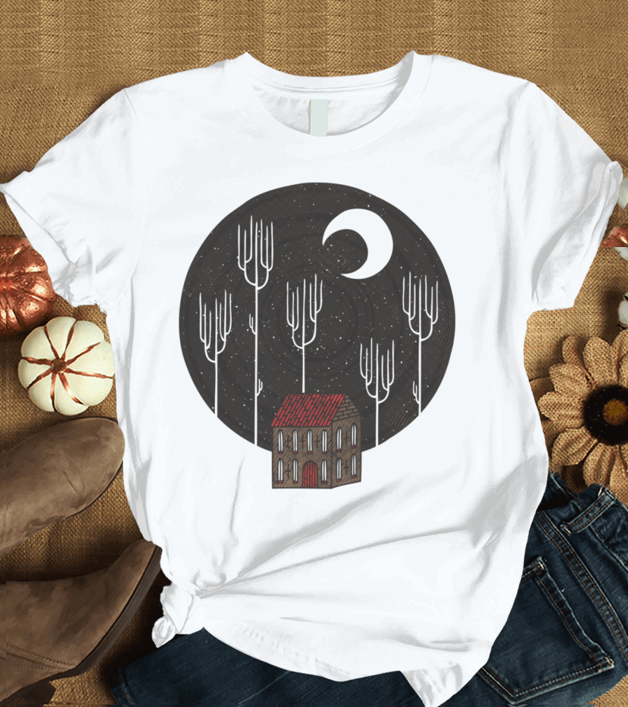 Another Night with Crescent Moon and Lonely House in the Dark Forest T-Shirt