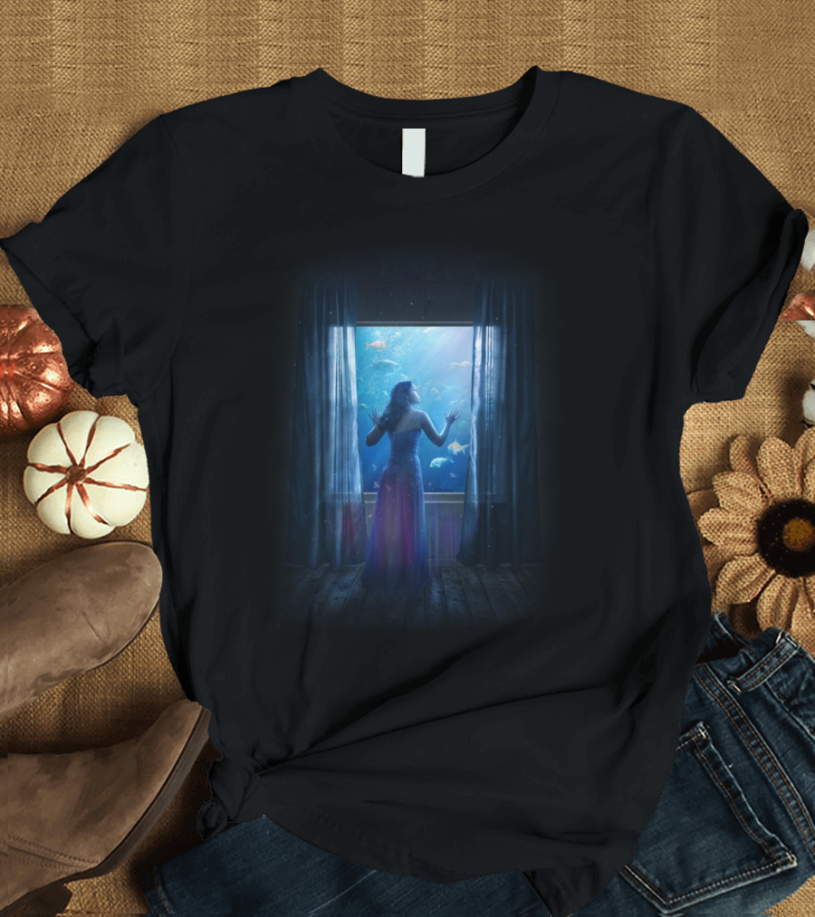 Counfused Woman Gazing at Underwater World Through Window T-Shirt