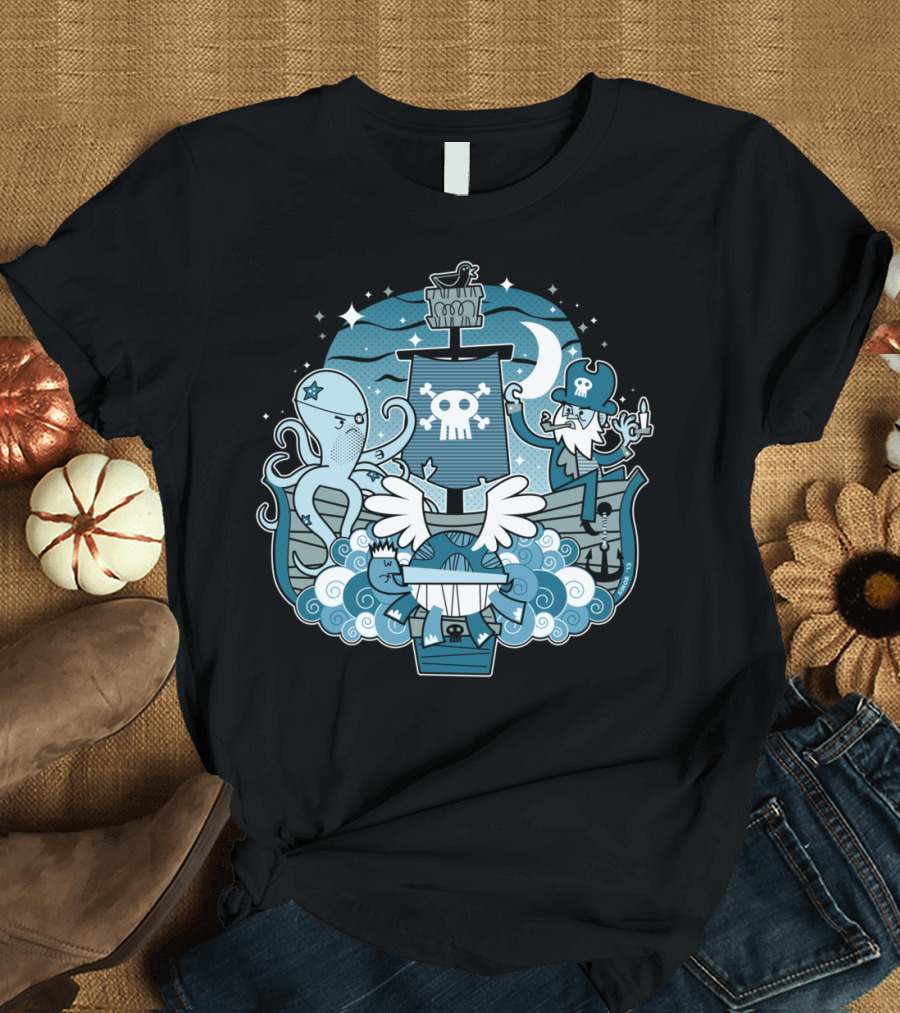 We Meet Again Pirate Ship Adventure with Octopus and Skull Symbols T-Shirt