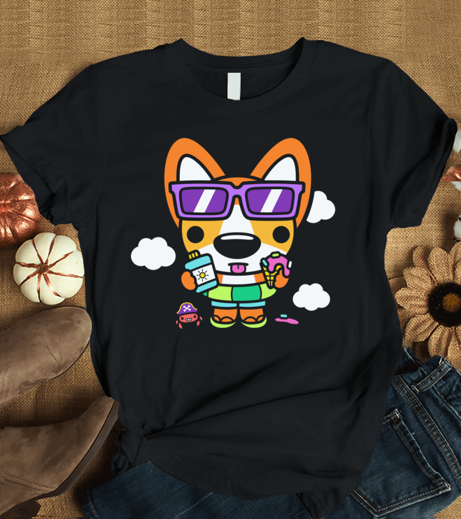 Beach Party Corgi with Sunglasses Ice Cream Sunscreen and Pirate Crab T-Shirt