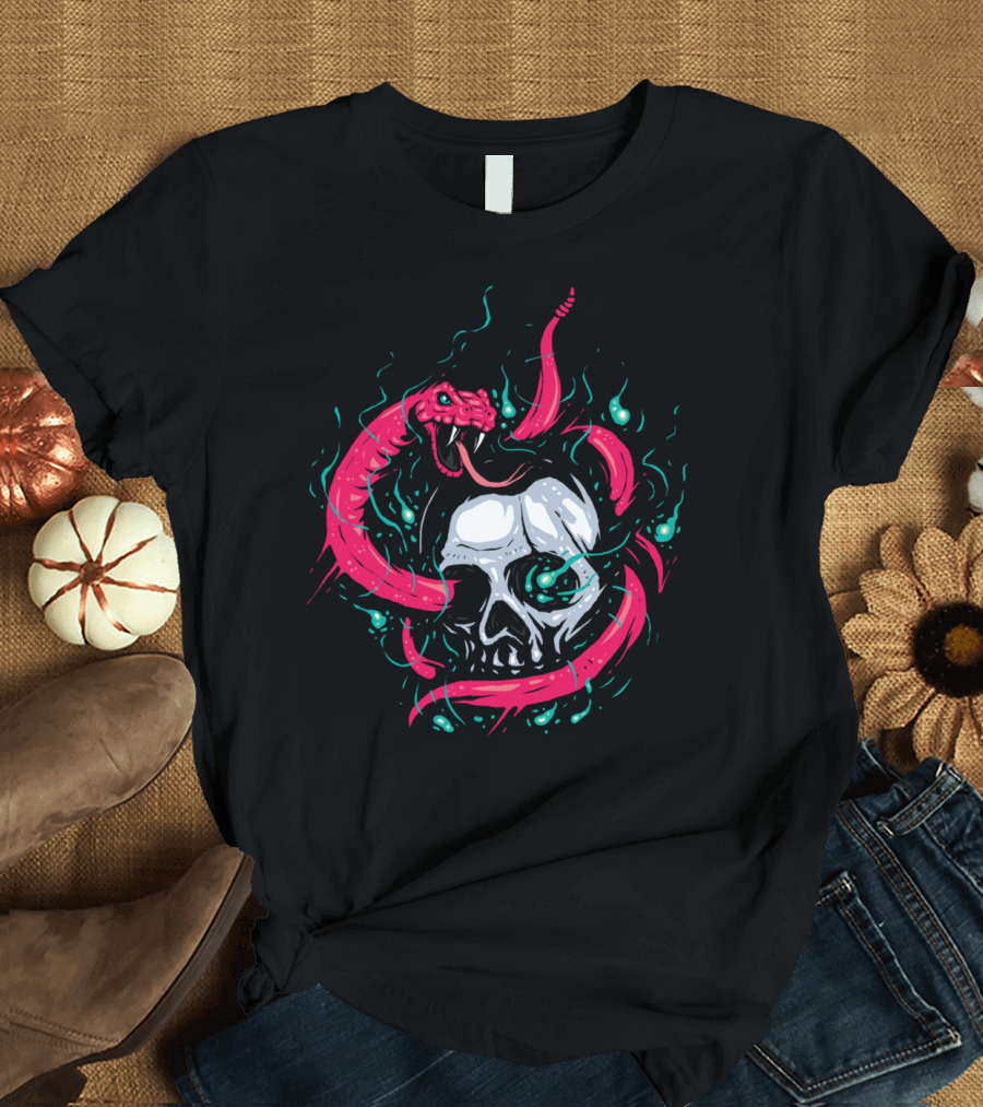 Apophis Skull with Pink Serpent Coiled Around in Flame-Like Aura T-Shirt