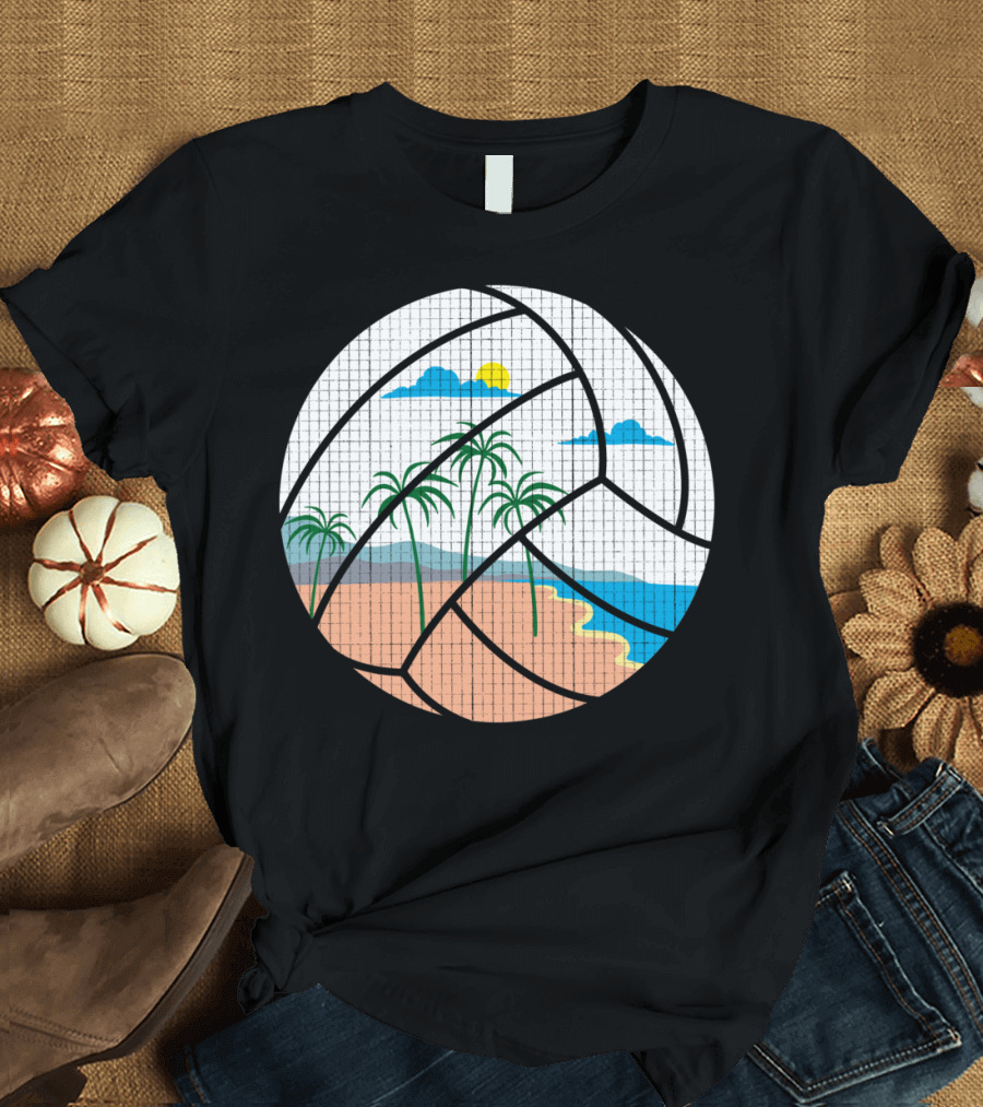 Beach Volleyball Palm Trees Ocean Sun T-Shirt