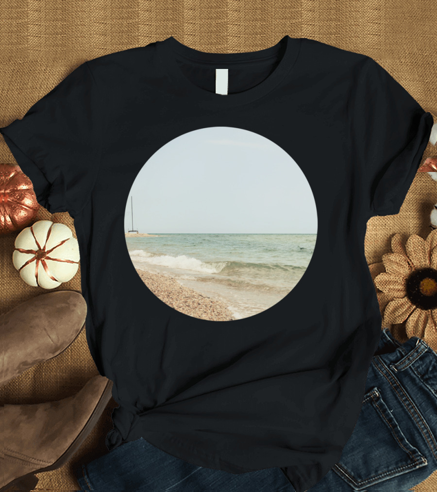 Beachscape Ocean Tranquility Pebble Shoreline with Sailboat T-Shirt