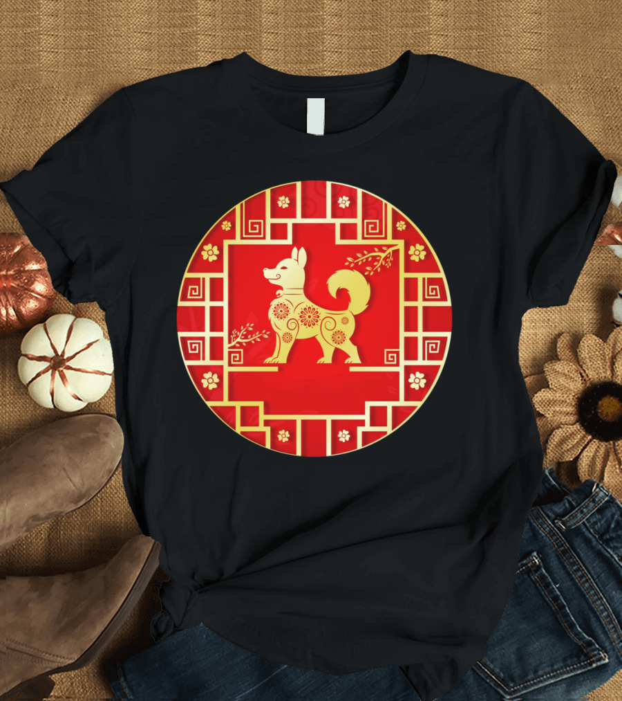 Golden Dog with Red Background and Floral T-Shirt