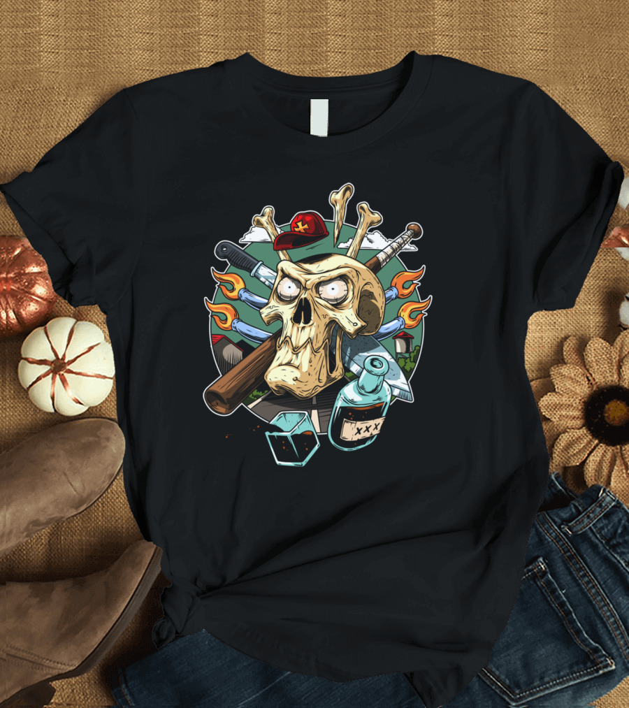 Boozeborn Skull with Crossbones Cap Knife and Fire-Filled Bat with Triple X Bottle T-Shirt