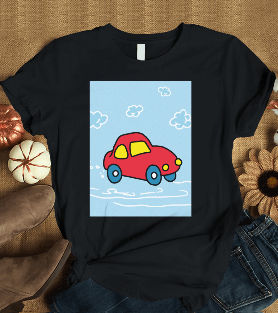 Red Cartoon Car in Cloudy Sky Scene with Blue Wheels and Yellow Windows T-Shirt