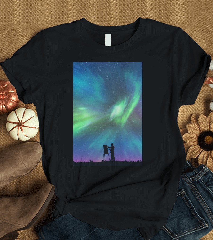 Borealis Painter Under Northern Lights Canvas T-Shirt
