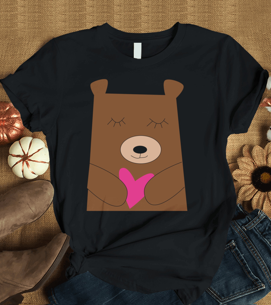 Bear Holding Pink Heart with Eyes Closed T-Shirt