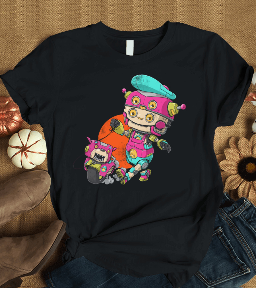 Robot Dog Walker Cyberpunk Retro Futuristic Machine Duo T-Shirt