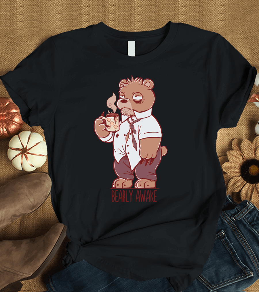 Bearly Awake Coffee Bear in Shirt and Tie with Mug T-Shirt