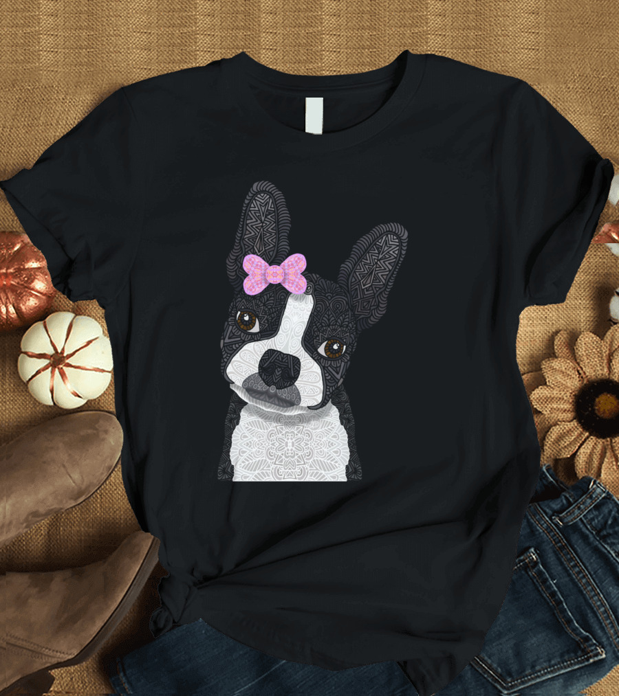 Boston Girl Mya Intricate Dog with Bow T-Shirt